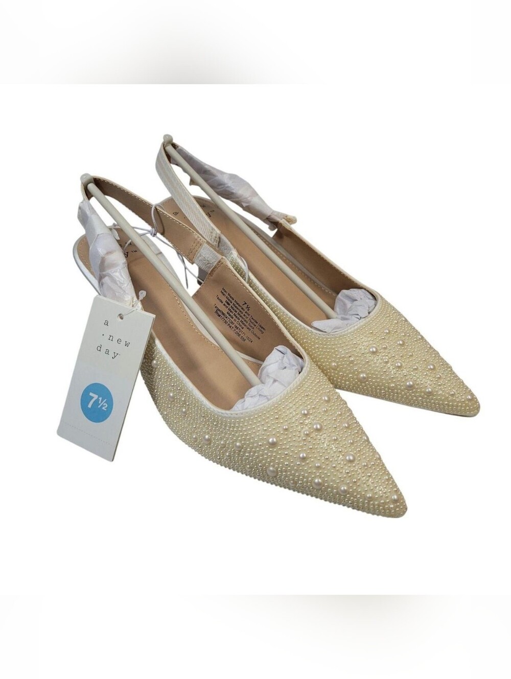 A New Day Cream Pearl-Embellished Pointed Slingback Kitten Heels